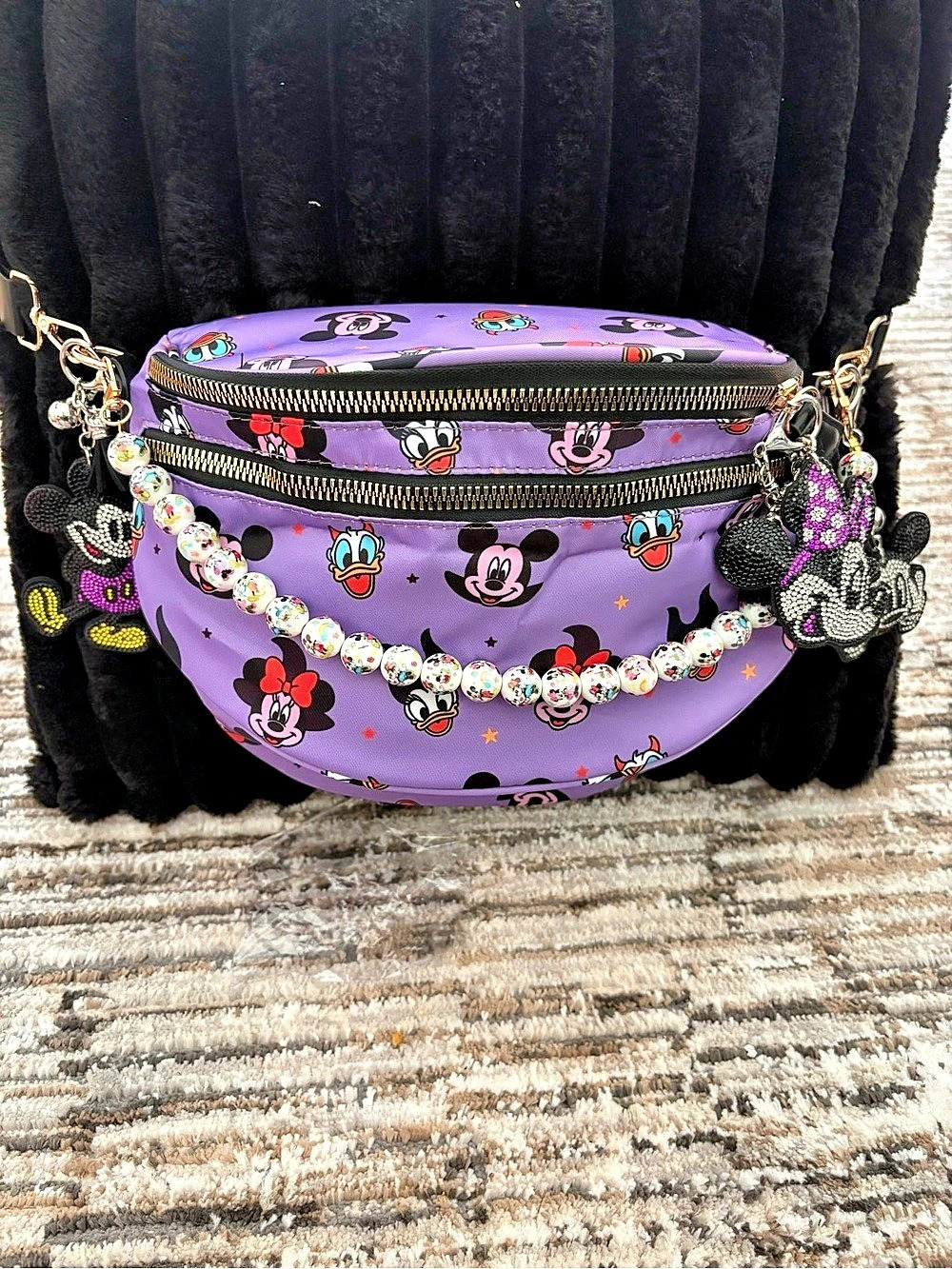 Purple & Black Disney Character Print Crossbody Bag with Mickey chain